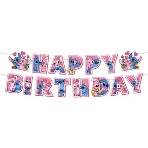 May include: A decorative banner spelling out HAPPY BIRTHDAY in pink-bordered letters. Each letter features illustrations of blue and pink cartoon characters in various poses, accented with small pink hearts and green tropical leaves.