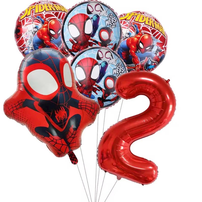 May include: A collection of foil balloons featuring Marvel Spider-Man imagery. Included are two round balloons with Spider-Man graphics, two round balloons with the text Go Webs Go, one large Spider-Man shaped balloon, and one red number two balloon.