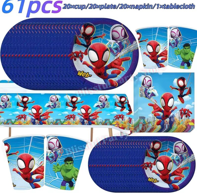 Spider-Man födelsedagsfestdekorationer set | Ballonger, banderoll, porslin, tårtdekoration och festtillbehör paket BUNDLE/61pcs