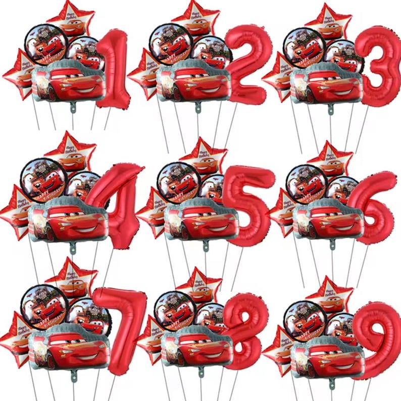 May include: Red foil balloons in the shape of numbers 1 through 9, each accompanied by a cluster of smaller balloons featuring Lightning McQueen and star-shaped balloons. Perfect for a Cars-themed birthday party.