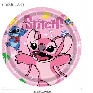 May include: A round 7-inch paper plate with a pink background featuring the character Angel in the center and Stitch holding a red heart on the left. The text Stitch! is printed in purple at the top, surrounded by small white and yellow flower graphics.