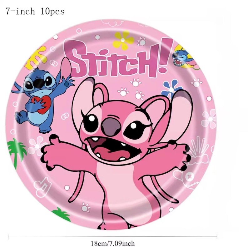 May include: A round 7-inch paper plate with a pink background featuring the character Angel in the center and Stitch holding a red heart on the left. The text Stitch! is printed in purple at the top, surrounded by small white and yellow flower graphics.