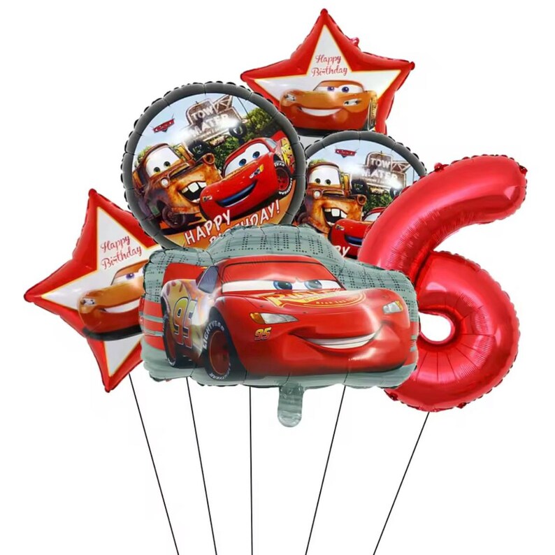 May include: A collection of red foil balloons featuring characters from the movie Cars. Includes a number 6 balloon, star-shaped balloons with Lightning McQueen, and round balloons with Lightning McQueen and Mater. The balloons say "Happy Birthday".