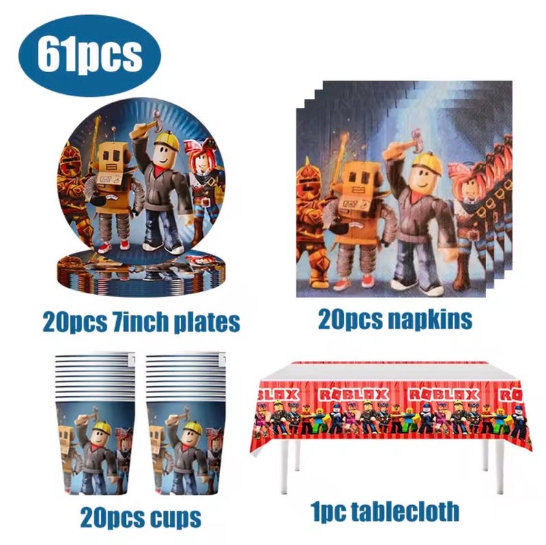 May include: A 61-piece party supply set featuring Roblox characters. Includes 20 round 7-inch plates, 20 square napkins, 20 paper cups, and 1 rectangular tablecloth. All items display colorful character graphics and the Roblox logo on the tablecloth.