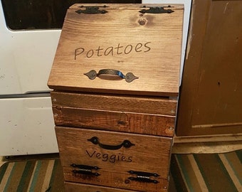 wooden potato veggie & onion bin / vegetable storage / potato bin / onion bin / vegetable box wooden potato and onion bin three compartments
