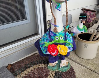 Garden girl gnome crochet porch goose outfit