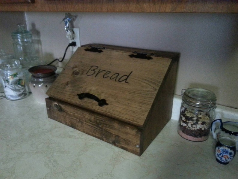 Bread box, wooden bread kitchen storage, wood stained bread box, bread bin, bread storage, beautiful wood bread storage image 4