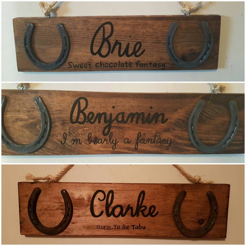 horse shoe stall sign / wooden horse stall plate horse shoes / personalized horseshoe sign / horse stable stall name plate / registered name image 1