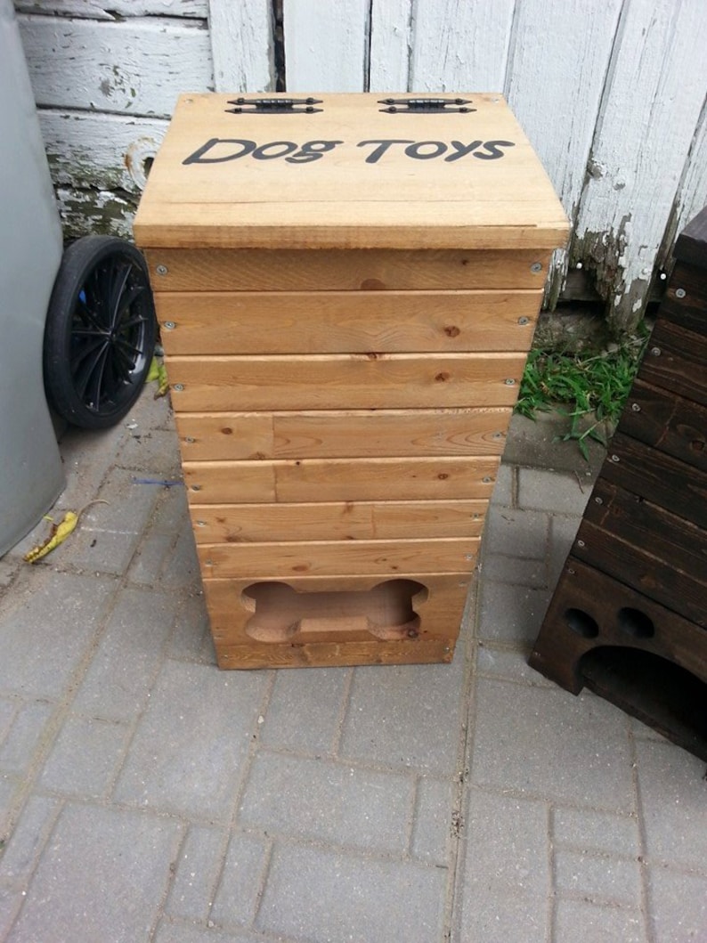 wood dog toy box / wooden dog toys storage bin / pet toy storage / handmade/ pawprint or bone shape / dog toy storage / image 4