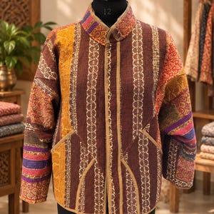Vintage Handmade Silk Jacket, Indian Patchwork Kantha Coat, Colorful Boho Quilted Outerwear, Free Size