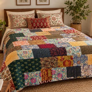 Op de afbeelding: Een patchwork sprei bestaande uit diverse rechthoekige stoffen blokken in tinten dieprood, marineblauw, mosterdgeel en groenblauw, versierd met bloem- en geometrische patronen, gespreid over een bed met bijpassende kussens.
