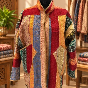 Vintage Handmade Silk Jacket, Indian Patchwork Kantha Coat, Boho Quilted Outerwear (Free Size)