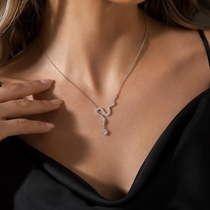 Può includere: Una collana d'argento con un design a serpente. La collana presenta un pendente a serpente sinuoso e gioiellato con una gemma trasparente e rotonda pendente. La collana è indossata su un top nero.