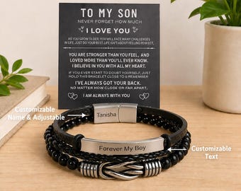 Pulsera de cuero personalizada para mi hijo, pulsera con nudo infinito con nombre personalizado, regalo ajustable para hijo de mamá y papá.