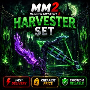 May include: A digital graphic for the MM2 Murder Mystery 2 Harvester Set featuring a purple flame-effect knife and a green glowing crossbow. The text reads MM2 MURDER MYSTERY 2 HARVESTER SET, FAST DELIVERY, CHEAPEST PRICE, and TRUSTED & RELIABLE.