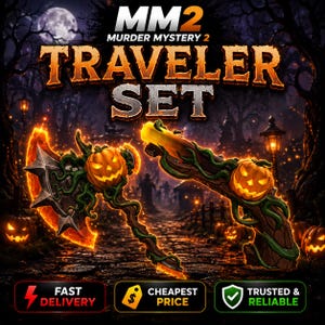 Puede incluir: Un gráfico digital para el MM2 Murder Mystery 2 Traveler Set que presenta un hacha de calabaza naranja brillante y una pistola de calabaza a juego. Los artículos están adornados con enredaderas verdes y efectos de luz naranja sobre un fondo de bosque oscuro.