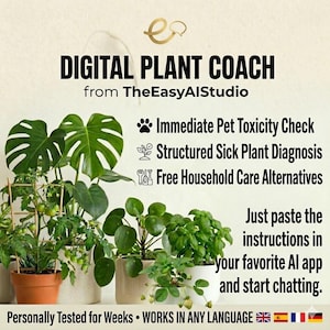 Puede incluir: Digital Plant Coach de TheEasyAIStudio incluye texto para una verificación inmediata de toxicidad para mascotas, diagnóstico estructurado de plantas enfermas y alternativas de cuidado doméstico. Muestra una monstera, tomate y albahaca.