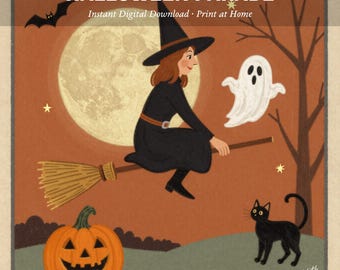 Lámina artística vintage de Halloween / Descarga digital / Arte mural de Halloween de estilo folclórico / Póster retro imprimible