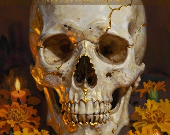 Lámina artística de calavera Kintsugi / Descarga digital / Decoración de pared del Día de Muertos / Imprimible de Halloween