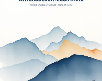 Lámina artística de montañas en acuarela / Descarga digital / Arte mural de montaña brumosa con IA / Póster imprimible