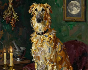 Lámina artística de Borzoi Witch-Familiar / Retrato victoriano de Halloween / Descarga digital instantánea