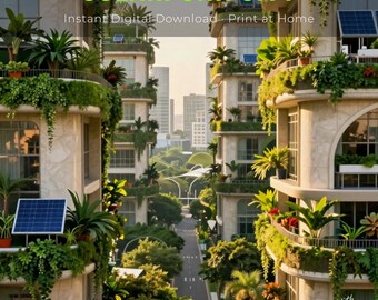 Lámina artística Solarpunk City / Arte mural de utopía verde futurista / Descarga digital instantánea / Póster imprimible de paisaje urbano ecológico