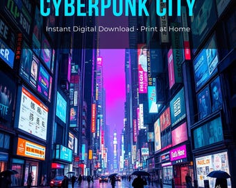 Cyberpunk City Art Print | Digital Download | Atmospheric AI Wall Art | Printable Poster