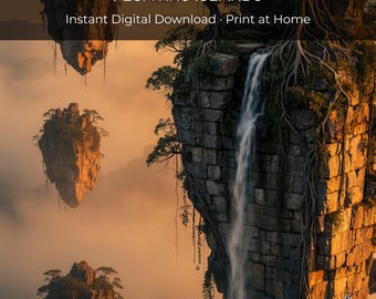 Arte mural de islas flotantes de fantasía, descarga digital imprimible, impresión de paisaje celeste surrealista, descarga instantánea para imprimir en casa.