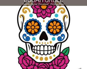 Impresión de bellas artes de calavera de azúcar / Arte de Calavera del Día de los Muertos / Decoración de pared de Halloween / Descarga digital instantánea