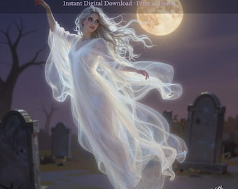 Lámina de fantasma de Halloween "Espíritu a la luz de la luna", descarga digital adorable y espeluznante, arte mural de fantasma caprichoso, decoración imprimible de descarga instantánea