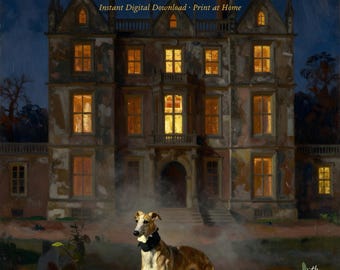 Lámina de Halloween con diseño de Whippet / Descarga digital de Mansión Fantasma Victoriana / Arte mural de estilo Dark Academia / Descarga instantánea