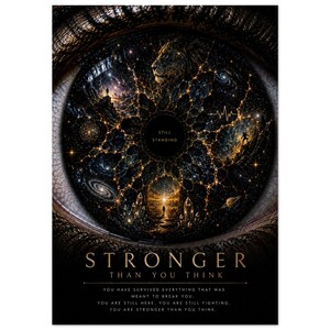 Könnte beinhalten: Ein vertikales Poster mit einer menschlichen Iris, die eine kosmische Szene mit einem Löwen, Galaxien und menschlichen Silhouetten enthält. Der Text lautet STILL STANDING, STRONGER THAN YOU THINK und YOU HAVE SURVIVED EVERYTHING THAT WAS MEANT TO BREAK YOU.