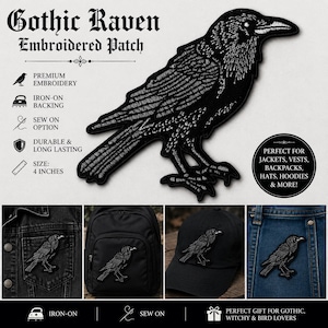 Gothic Raven Embroidered Patch, Dark Academia Crow Applique Badge (4 Inch)