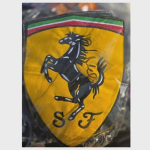 May include: A shield-shaped patch featuring a yellow background with a black prancing horse silhouette in the center. The top edge displays horizontal green, white, and red stripes. The letters S and F are embroidered in black at the bottom.