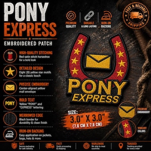 May include: An embroidered patch featuring a red horseshoe shape with eight yellow stars and a central yellow envelope icon. The text PONY EXPRESS is embroidered in yellow below the horseshoe. The patch measures 3.0 inches by 3.0 inches.