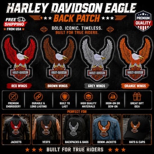 May include: Four Harley Davidson eagle back patches featuring embroidered designs with red, brown, grey, or orange wings. Each patch displays a central eagle above the Harley-Davidson Cycles logo. The image includes text labels and examples of the patches applied to jackets, vests, backpacks, and caps.