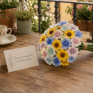 Puede incluir: Un ramo de flores artificiales con pétalos amarillos, azules y morados claros con centros marrones, atado con cuerda. Junto a él hay una tarjeta blanca doblada con una ilustración floral y el texto: Every color represents one family member.