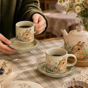 Custom Rabbit Floral Ceramic Coffee Cup Set, Handmade Bunny Mug with Saucer, Cottagecore Drinkware, Cute Tea Cup Gift, Kitchen Decor