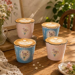 Puede incluir: Cuatro tazas de cerámica con bordes festoneados, llenas de café con arte latte en forma de corazón. Dos tazas son de color rosa pastel y dos azul claro, decoradas con patrones de ramos de flores en relieve y bordes de cuentas blancas.