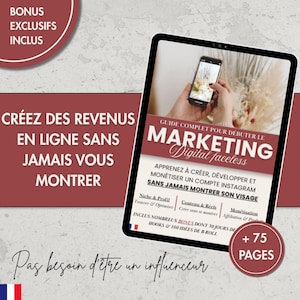 Peut inclure: Une tablette affiche un guide de marketing digital intitulé "Marketing Digital Faceless". L'image promeut la création de revenus en ligne et la création d'un compte Instagram sans montrer son visage. Le guide contient "+75 pages".