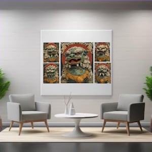 May include: A framed artwork featuring a detailed depiction of a mythical guardian lion. The artwork is composed of multiple panels, showcasing the lion's intricate design with green, gold, and red accents. The artwork is displayed in a modern living room setting.
