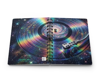 Carnet de notes avec reliure à spirales — Platine vinyle holographique galactique — Cosmic Joy Collective LLC