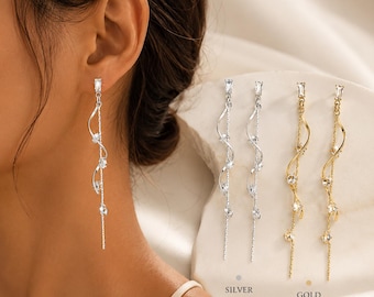 Eleganta långa hängande örhängen i sterlingsilver, guld- och silverkristallörhängen, brudörhängen, minimalistiska iögonfallande örhängen för kvinnor