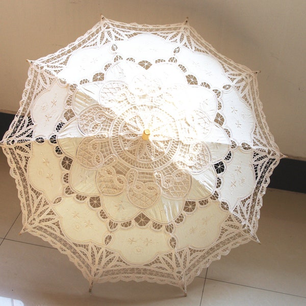 Fait à la main Ivoire Nouveau parapluie en dentelle vintage Broderie de coton faite à la main Battenburg Dentelle Parapluie Décoration de mariage