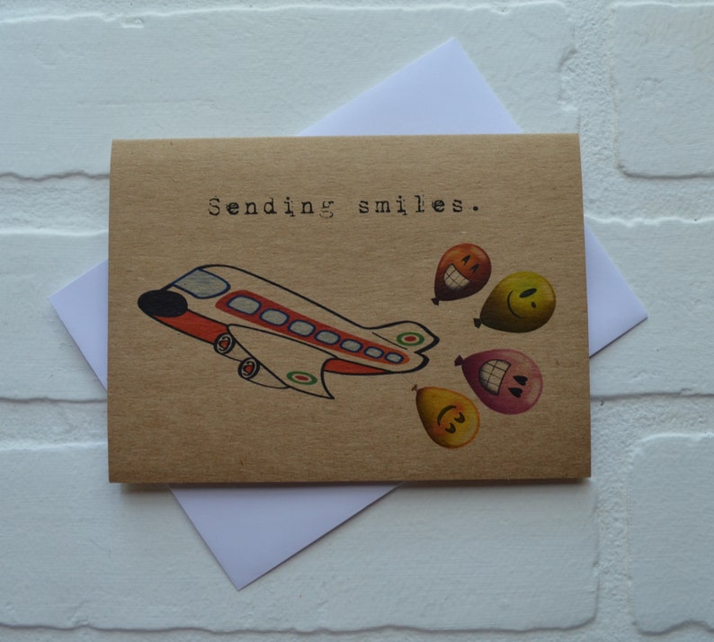 SENDING SMILES BALLOONS thinking of you card get well soon card recovery card funny balloon card airplane card long distance card love card