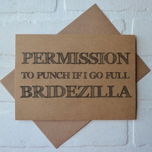 PERMISSION to PUNCH if I go BRIDEZILLA be my bridesmaid cards funny bridesmaid card kraft funny sarcastic bridal proposal card kraft wedding