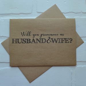 Zult u ons ECHTGENOOT en VROUW UITSPRAKEN, zult u onze trouwambtenaar zijn? Kaart van het huwelijksfeest? Wilt u met ons trouwen? Priesterkaart? Pastoorkaart?