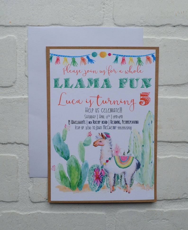 LLAMA FUN BIRTHDAY invitation cactus theme card Birthday Party watercolor southwest llama birthday party girl birthday invitations alpaca