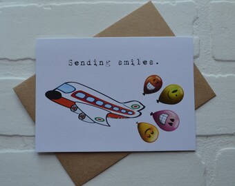SENDING SMILES BALLOONS thinking of you card get well soon card recovery card funny balloon card airplane card long distance card love card