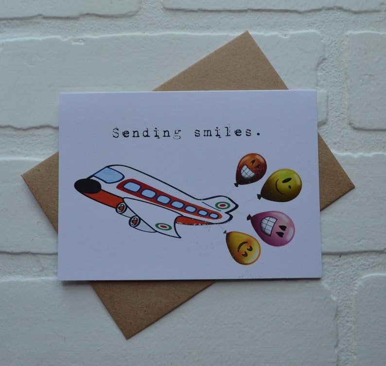 SENDING SMILES BALLOONS thinking of you card get well soon card recovery card funny balloon card airplane card long distance card love card